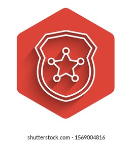 White line Police badge icon isolated with long shadow. Sheriff badge sign. Red hexagon button. Vector Illustration