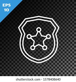 White line Police badge icon isolated on transparent dark background. Sheriff badge sign.  Vector Illustration
