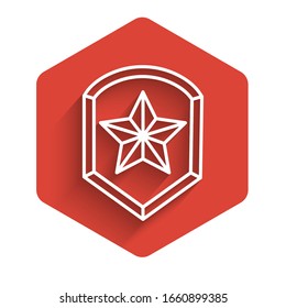 White line Police badge icon isolated with long shadow. Sheriff badge sign. Shield with star symbol. Red hexagon button. Vector Illustration