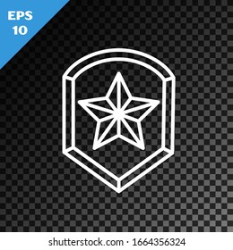 White line Police badge icon isolated on transparent dark background. Sheriff badge sign. Shield with star symbol.  Vector Illustration