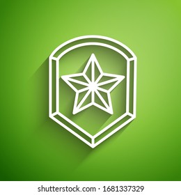 White line Police badge icon isolated on green background. Sheriff badge sign. Shield with star symbol.  Vector Illustration