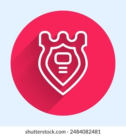 White line Police badge icon isolated with long shadow. Sheriff badge sign. Red circle button. Vector