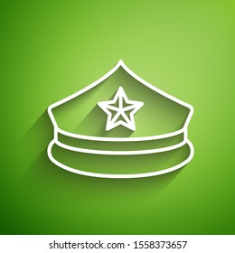 White line Police cap with cockade icon isolated on green background. Police hat sign.  Vector Illustration