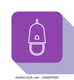 White line Police cap with cockade icon isolated on white background. Police hat sign. Purple square button. Vector Illustration