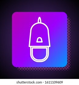 White line Police cap with cockade icon isolated on black background. Police hat sign. Square color button. Vector Illustration