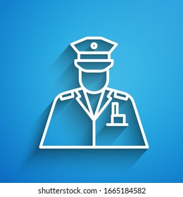 White line Police officer icon isolated on blue background. Long shadow. Vector Illustration