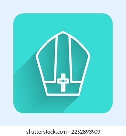 White line Pope hat icon isolated with long shadow background. Christian hat sign. Green square button. Vector