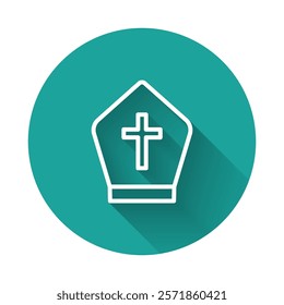 White line Pope hat icon isolated with long shadow background. Christian hat sign. Green circle button. Vector