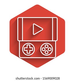 White line Portable video game console icon isolated with long shadow. Gamepad sign. Gaming concept. Red hexagon button. Vector Illustration