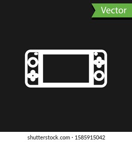 White line Portable video game console icon isolated on black background. Gamepad sign. Gaming concept.  Vector Illustration