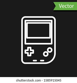 White line Portable video game console icon isolated on black background. Gamepad sign. Gaming concept.  Vector Illustration