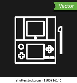White line Portable video game console icon isolated on black background. Gamepad sign. Gaming concept.  Vector Illustration