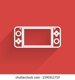 White line Portable video game console icon isolated with long shadow. Gamepad sign. Gaming concept.  Vector Illustration