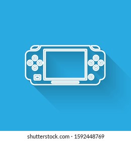 White line Portable video game console icon isolated with long shadow. Gamepad sign. Gaming concept.  Vector Illustration