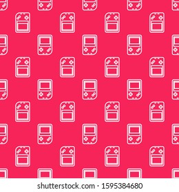 White line Portable video game console icon isolated seamless pattern on red background. Gamepad sign. Gaming concept.  Vector Illustration