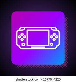 White line Portable video game console icon isolated on black background. Gamepad sign. Gaming concept. Square color button. Vector Illustration