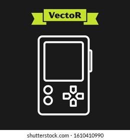 White line Portable video game console icon isolated on black background. Gamepad sign. Gaming concept.  Vector Illustration