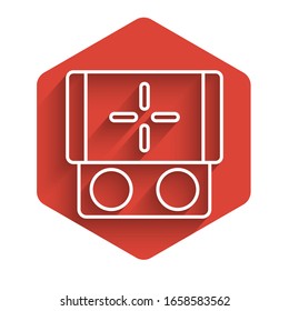 White line Portable video game console icon isolated with long shadow. Gamepad sign. Gaming concept. Red hexagon button. Vector Illustration