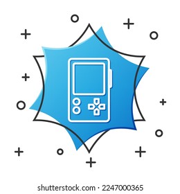 White line Portable video game console icon isolated on white background. Gamepad sign. Gaming concept. Blue hexagon button. Vector Illustration