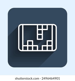 White line Portable video game console icon isolated with long shadow background. Handheld console gaming. Blue square button. Vector