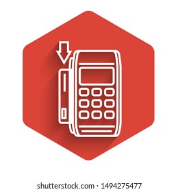White line Pos terminal with inserted credit card icon isolated with long shadow. Payment terminal transaction. Pay by card. Red hexagon button. Vector Illustration