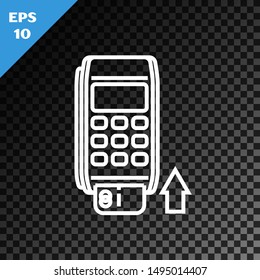 White line Pos terminal with inserted credit card icon isolated on transparent dark background. Payment terminal transaction. Pay by card.  Vector Illustration