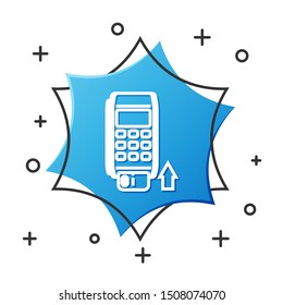 White line Pos terminal with inserted credit card icon isolated on white background. Payment terminal transaction. Pay by card. Blue hexagon button. Vector Illustration