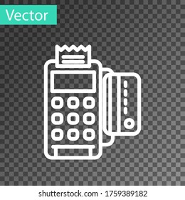 White line POS terminal with inserted credit card and printed reciept icon isolated on transparent background. NFC payment concept. Vector Illustration
