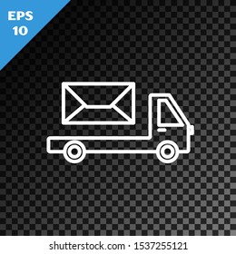 White Line Post Truck Icon Isolated On Transparent Dark Background. Mail Car. Vehicle Truck Transport With Envelope Or Letter.  Vector Illustration