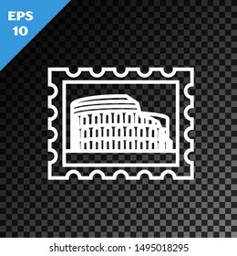 White line Postal stamp and Coliseum icon isolated on transparent dark background. Colosseum sign. Symbol of Ancient Rome, gladiator fights.  Vector Illustration