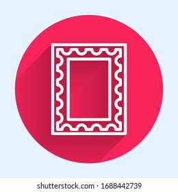 White line Postal stamp icon isolated with long shadow. Red circle button. Vector Illustration