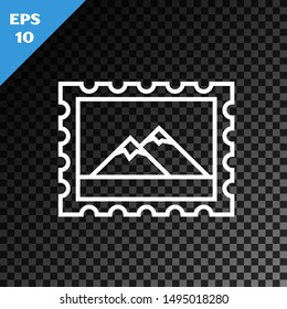 White line Postal stamp and Mountains icon isolated on transparent dark background.  Vector Illustration