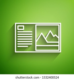 White line Postcard icon isolated on green background.  Vector Illustration