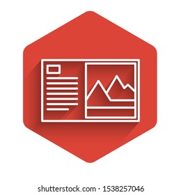 White line Postcard icon isolated with long shadow. Red hexagon button. Vector Illustration