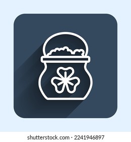 White line Pot of gold coins icon isolated with long shadow background. Happy Saint Patricks day. National Irish holiday. Blue square button. Vector