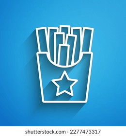 Weiße Linie Kartoffeln Pommes frites in einer Faltschachtel Symbol einzeln auf blauem Hintergrund. Schnelles Essen. Lang Schatten. Vektorgrafik