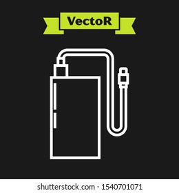 White line Power bank with different charge cable icon isolated on black background. Portable charging device.  Vector Illustration