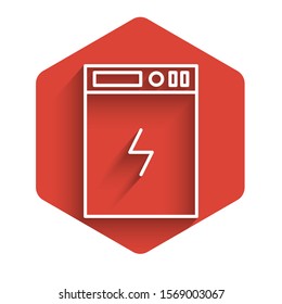 White line Power bank icon isolated with long shadow. Portable charging device. Red hexagon button. Vector Illustration