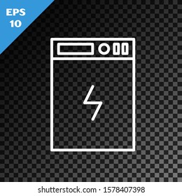 White line Power bank icon isolated on transparent dark background. Portable charging device.  Vector Illustration