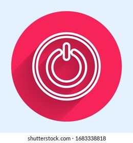 White line Power button icon isolated with long shadow. Start sign. Red circle button. Vector Illustration