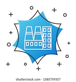 White line Power station plant and factory icon isolated on white background. Energy industrial concept. Blue hexagon button. Vector Illustration
