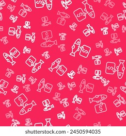 White line Price tag for fish icon isolated seamless pattern on red background.  Vector