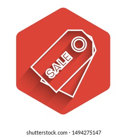 White line Price tag with an inscription Sale icon isolated with long shadow. Badge for price. Promo tag discount. Red hexagon button. Vector Illustration