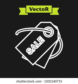 White line Price tag with an inscription Sale icon isolated on black background. Badge for price. Promo tag discount.  Vector Illustration