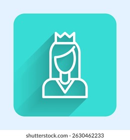 Línea blanca icono de la princesa aislado con sombra larga. Botón cuadrado verde. Vector