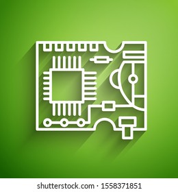 White line Printed circuit board PCB icon isolated on green background.  Vector Illustration