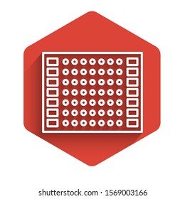 White line Printed circuit board PCB icon isolated with long shadow. Red hexagon button. Vector Illustration