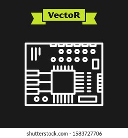 White line Printed circuit board PCB icon isolated on black background.  Vector Illustration