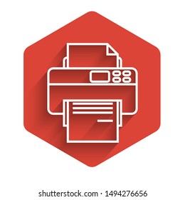 White line Printer icon isolated with long shadow. Red hexagon button. Vector Illustration