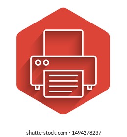 White line Printer icon isolated with long shadow. Red hexagon button. Vector Illustration